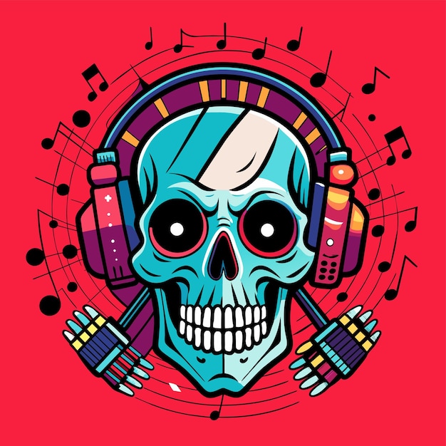 헤드폰을 착용 한 두개골이 음악을 듣고 손으로 그린 마스코트 만화 캐릭터 스티커