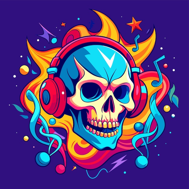 A skull wearing headphones listening to music hand drawn mascot cartoon character sticker