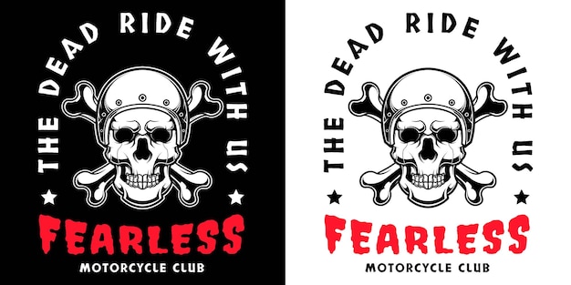 Вектор Череп в мотоциклетном шлеме и скрещенные кости в черно-белом винтажном монохромном стиле изолированы