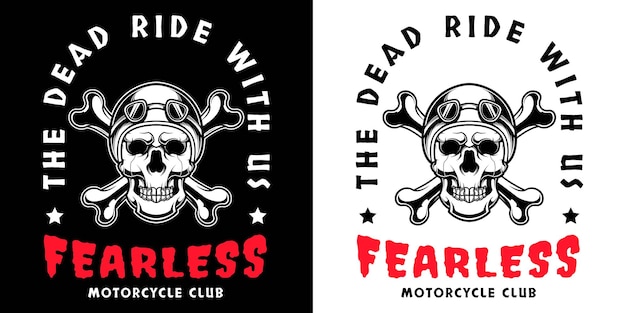 Skull wearing helmet motorcycle and Crossbones in black and white vintage monochrome style isolated