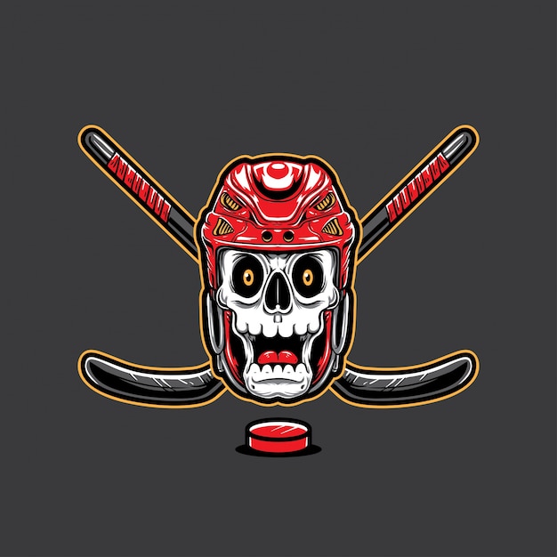 Skull wearing helmet helmet and hockey sticks