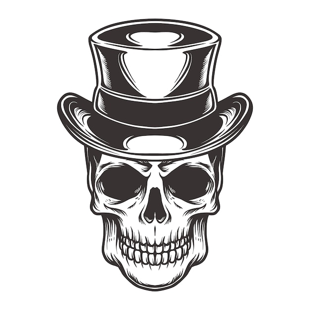 skull wearing magic top hat in vintage style isolated illustration