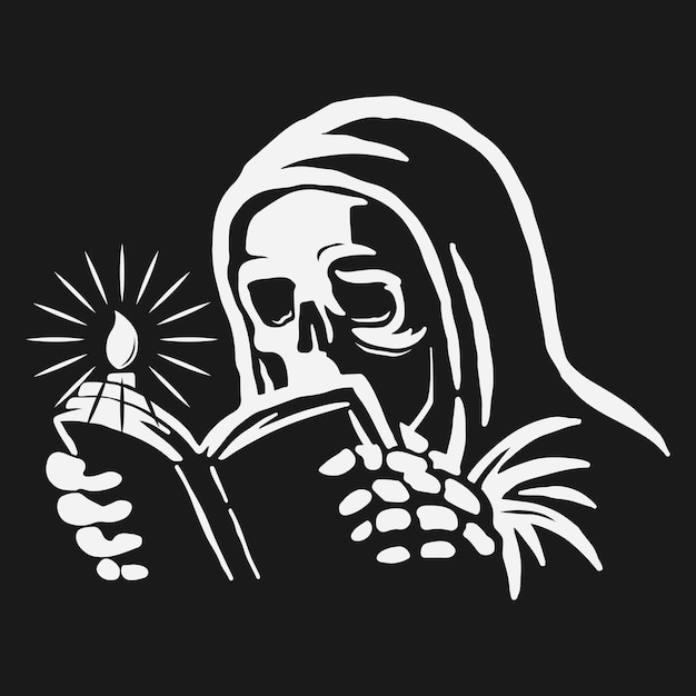 Vector skull wearing robe reading a book with candle on the side.