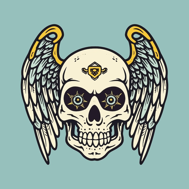 Vector skull wings illustration hand drawn logo design