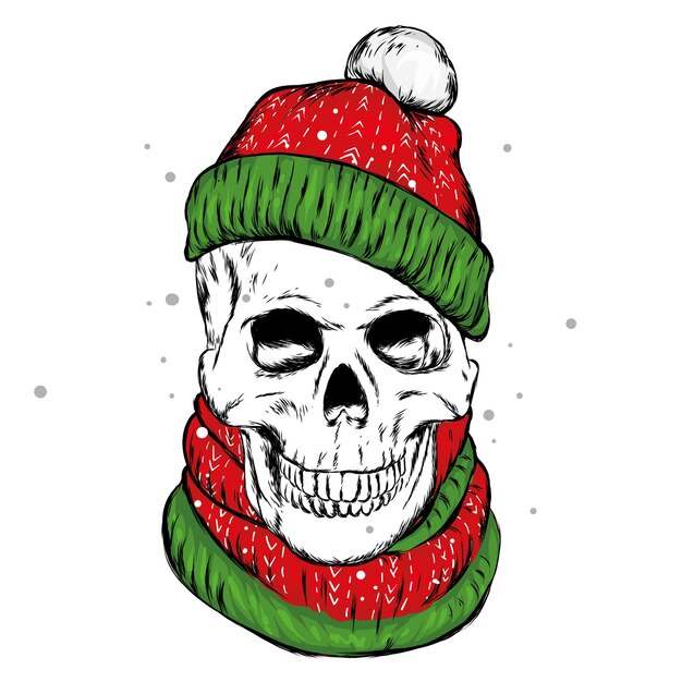 Skull in a winter hat and scarf