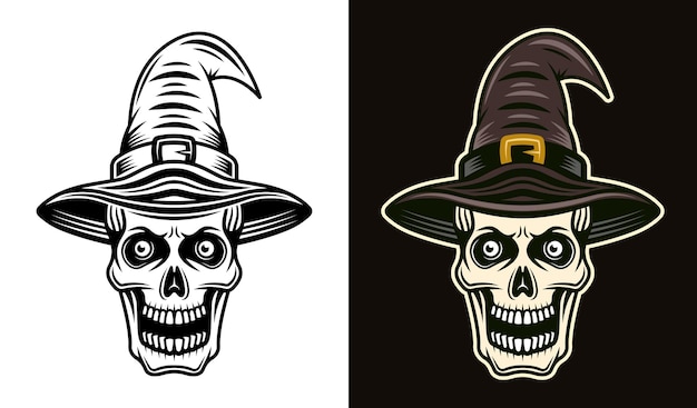 Cranio in cappello da strega in due stili nero su bianco e colorato su sfondo scuro illustrazione vettoriale