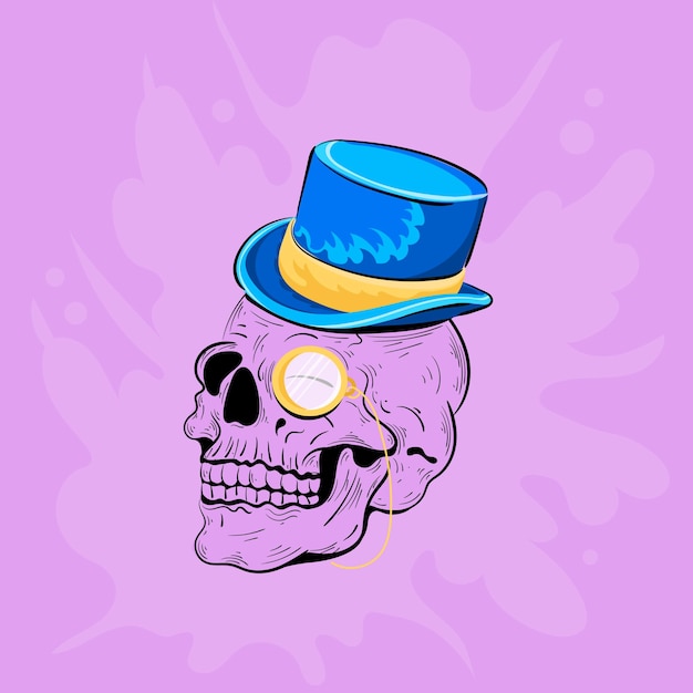 A skull with a blue top hat and a blue top hat.