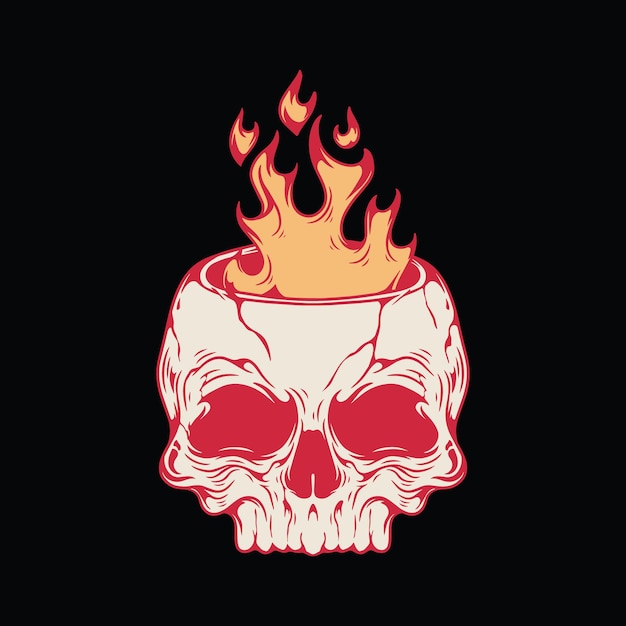 Vector skull with a burning flame on a black background.