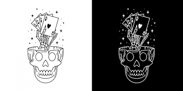 Skull With Card Monoline Design