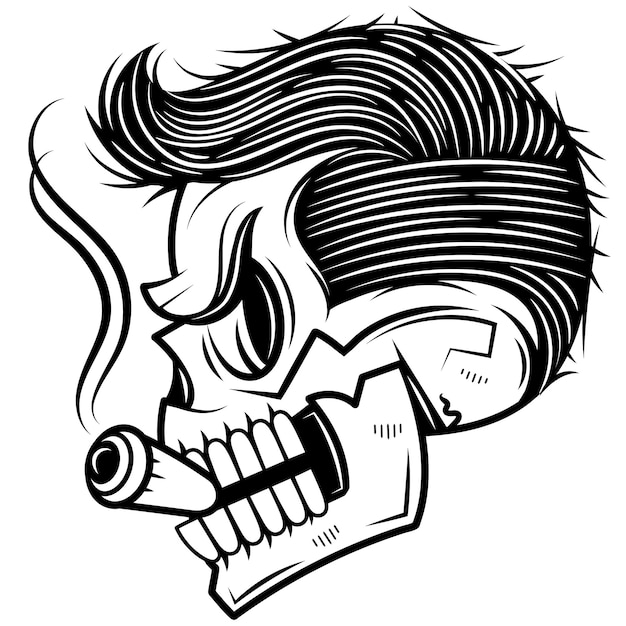 Skull with cigar smokes Skeleton head Outline sketch ink handdrawn stock vector illustration sticker