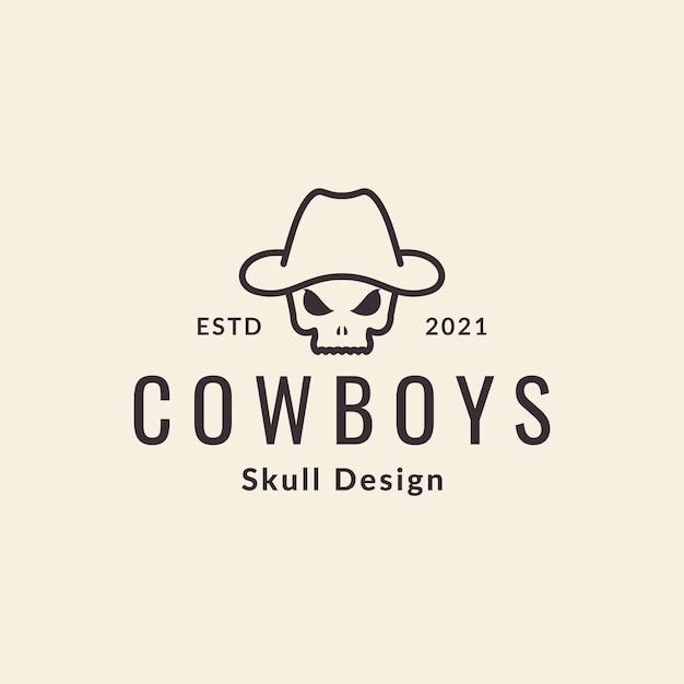 Cranio con cappello da cowboy logo vintage design vettoriale simbolo grafico icona segno illustrazione idea creativa