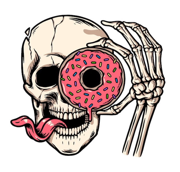 A skull with a donut on his eye looks through a hole in the middle of the eye.