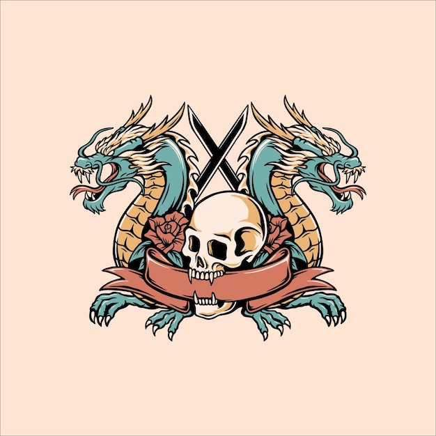 Skull with dragon and sword illustration