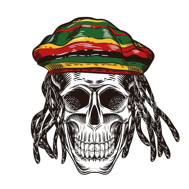 Un teschio con i dreadlocks. cranio nel cappello di rastaman.