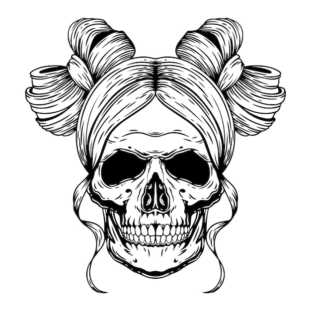 Vector the skull with a female hairstyle with bows.