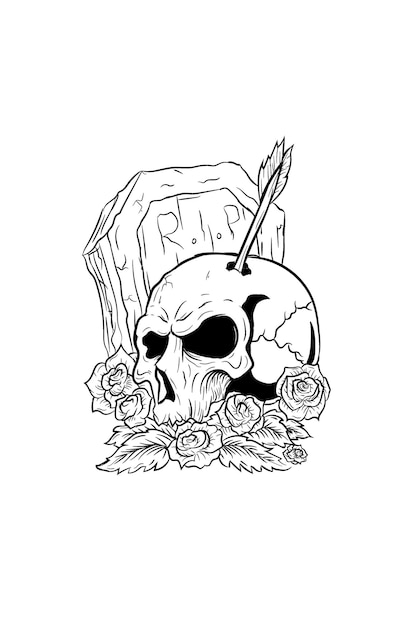 Skull with flower and tombstone vector illustration