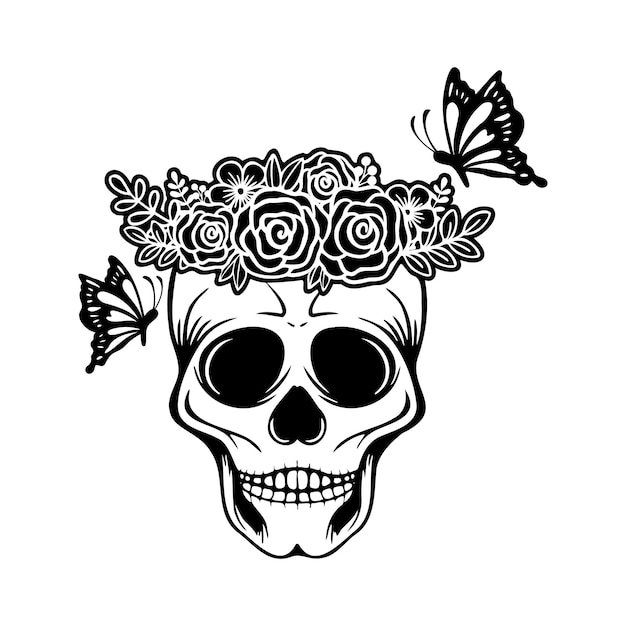 Vector skull with flowers and butterfly hand drawn illustration