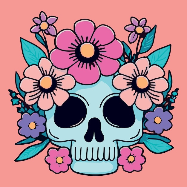 Skull with flowers cartoon vector illustration beautiful retro vintage graphic design skeleton