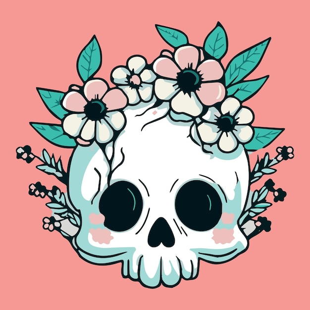 Skull with flowers cartoon vector illustration Beautiful retro vintage graphic design skeleton