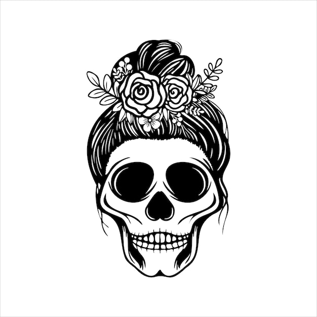 Skull with flowers hand drawn illustration