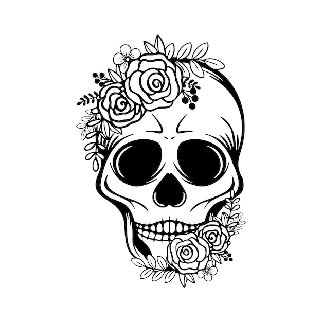 Skull with flowers hand drawn illustration