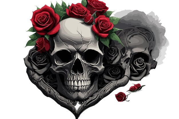 花とバラの頭蓋骨 手描きのベクトルアート イラスト