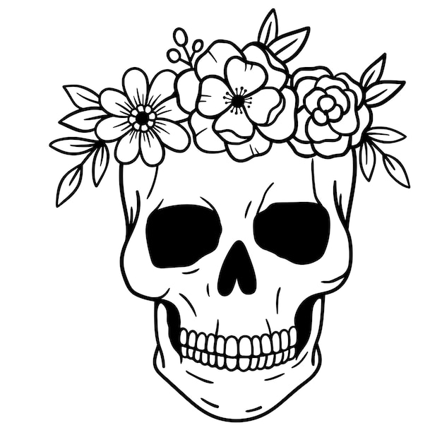 Skull with flowers with roses Human skull portrait with flower crown Vector illustration isolated