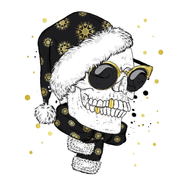 A skull with glasses, a scarf and a Christmas hat.