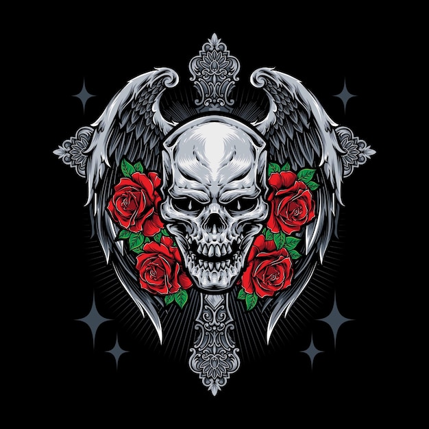 череп с готическим крестом и розами