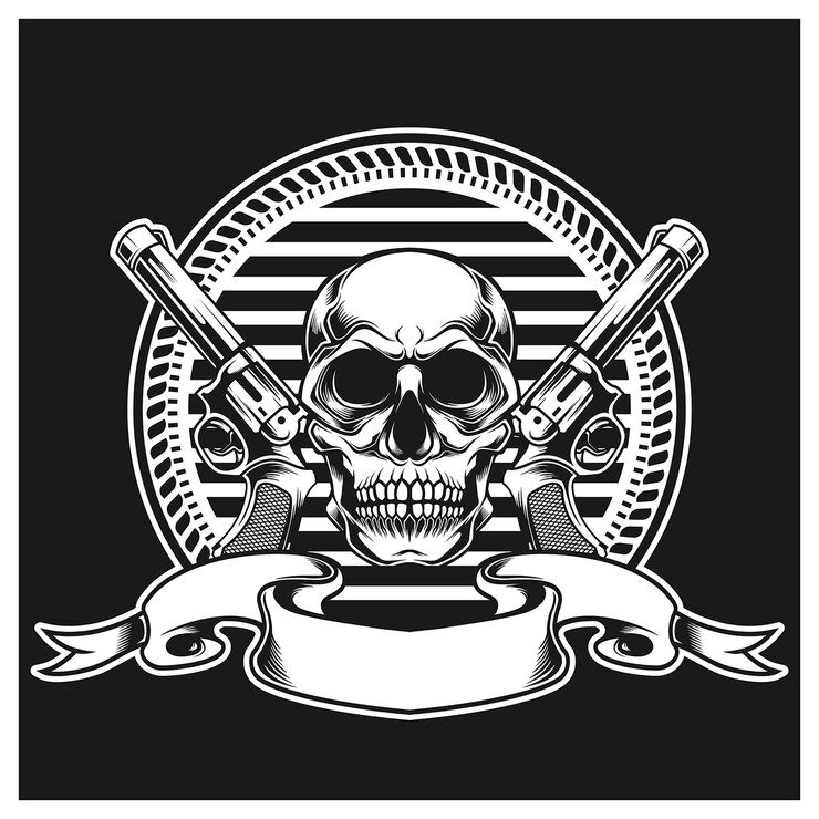 Skull with gun on left and right and ribbons
