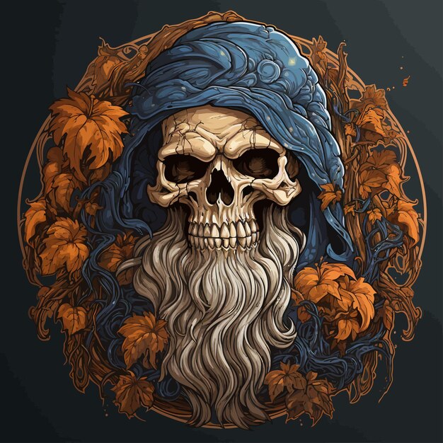 a skull with a hat and a beard is in a circle of flowers.