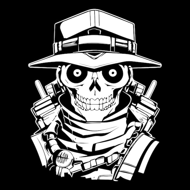 A skull with a hat and a gun on it