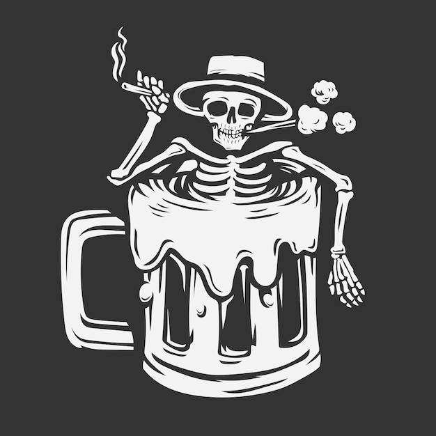 Vector a skull with a hat holding a cigarette soaking in a beer glass.