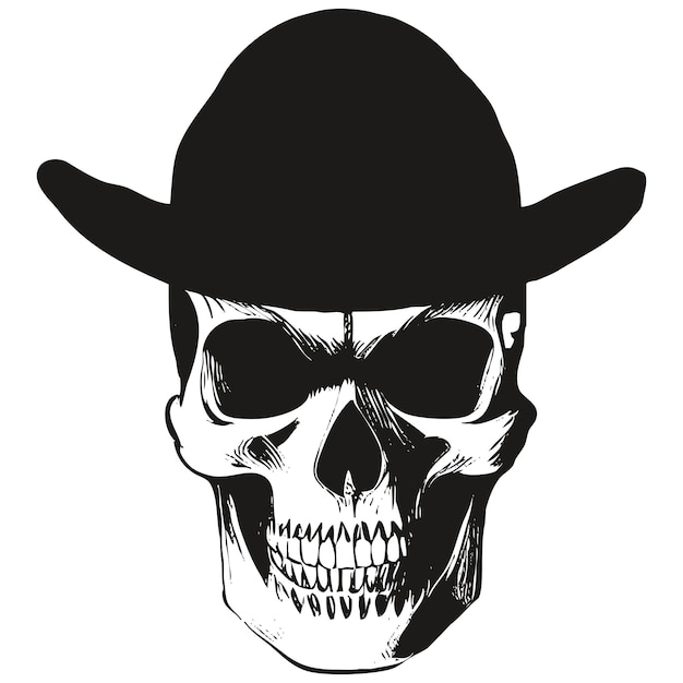 Skull with hat image vector hand drawn black and white clip art