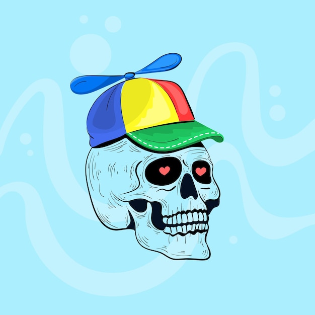 "사랑"이라고 쓰인 모자가 있는 해골.