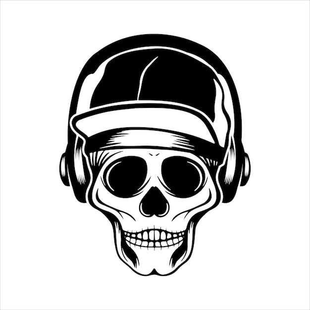 Vector skull with headphones listening to music drawing