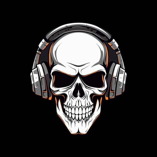 Skull with headset vector illustration head of character in headphones black and white