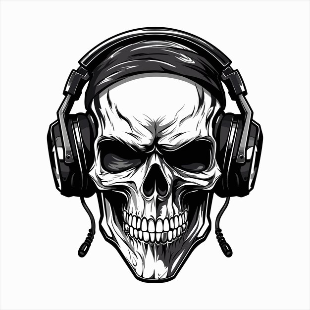 Skull with headset vector illustration head of character in headphones black and white