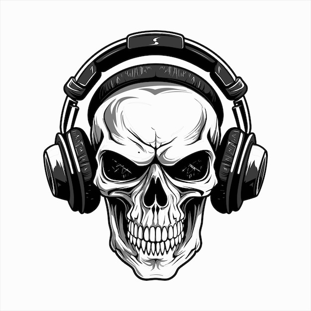 Skull with headset vector illustration head of character in headphones black and white