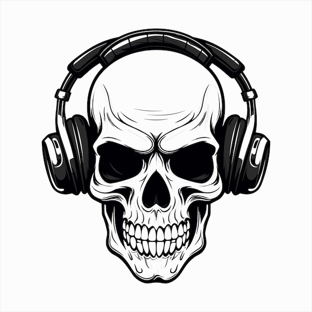 Skull with headset vector illustration head of character in headphones black and white