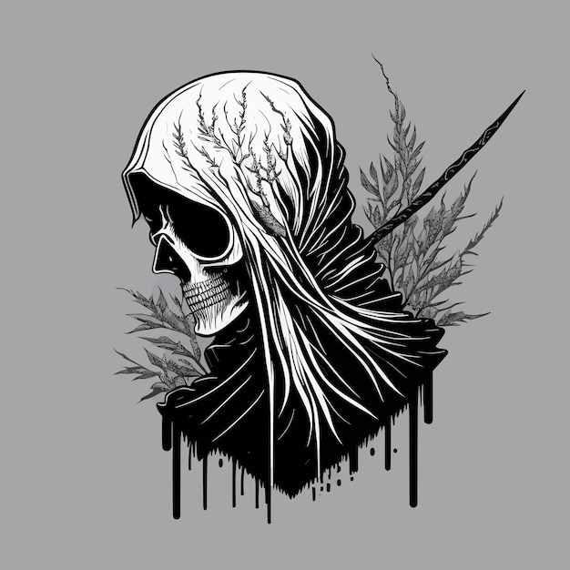 A skull with a hood and a tree on it