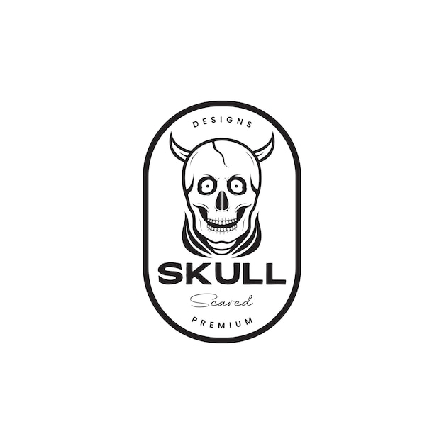 Skull with horn smile line minimal badge vintage logo design vector