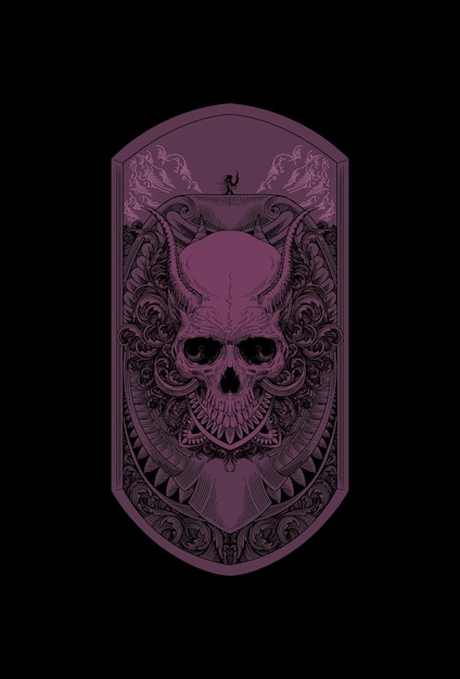 Skull with horn and temple ornament artwork illustration