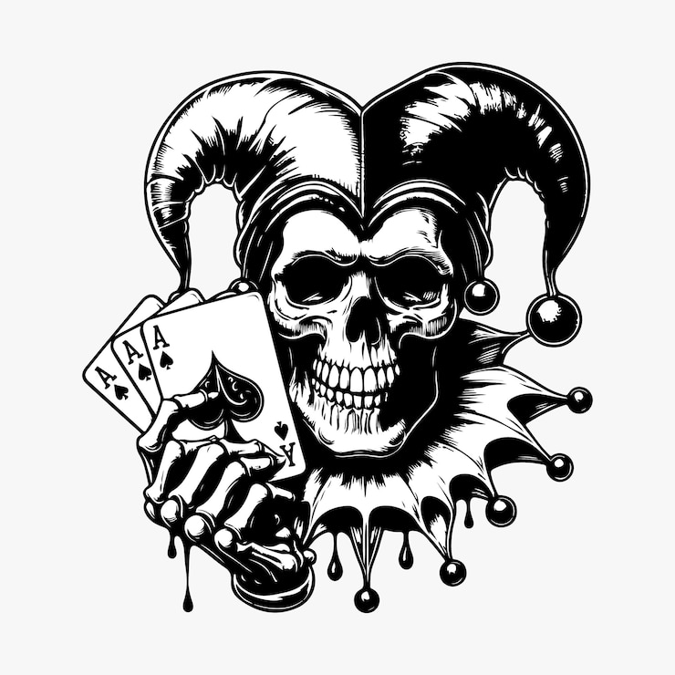 Vector skull with joker hat and casino game card