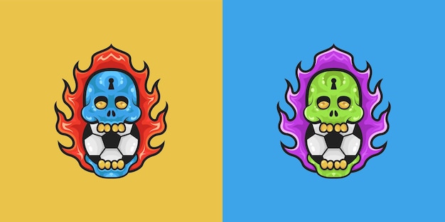 Skull with a keyhole in its head biting balls of fire around it mascot character vector illustration