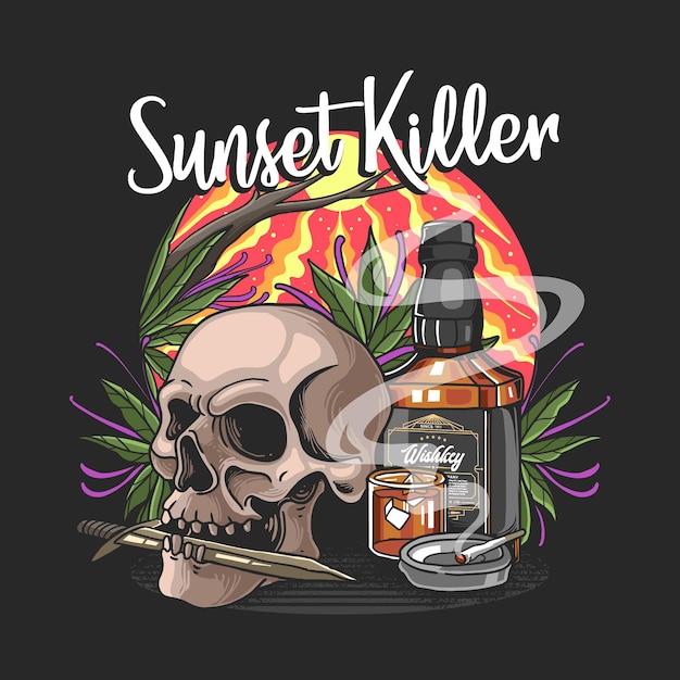 Skull with knife and wishkey in sunset illustration