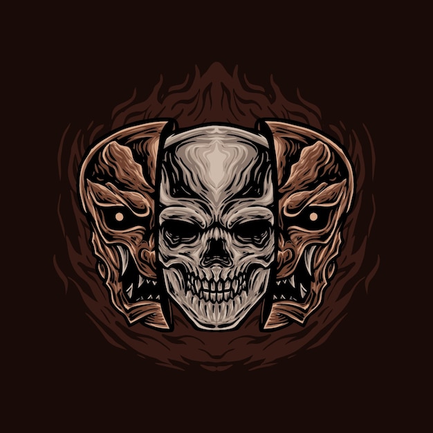 Vector skull with oni mask illustration