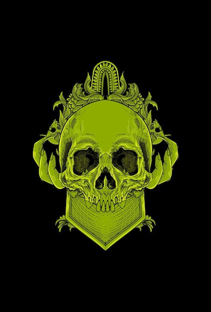 Skull with ornament and green color artwork illustration