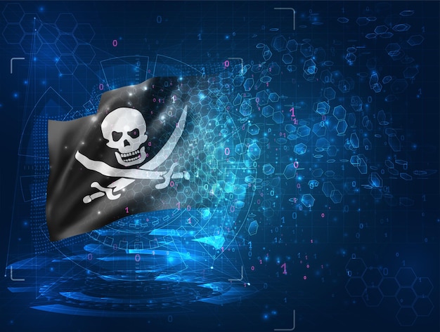 Skull with pirate bones vector 3d flag on blue background with hud interfaces