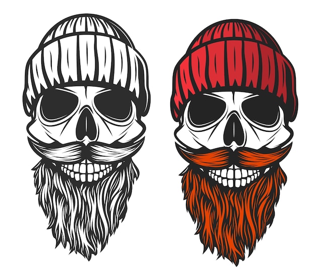 Vector skull with red beard mustache and knitted hat